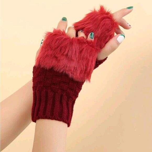 Burgundy Red Fingerless Knit Gloves Fur Trim - Picture 3 of 7